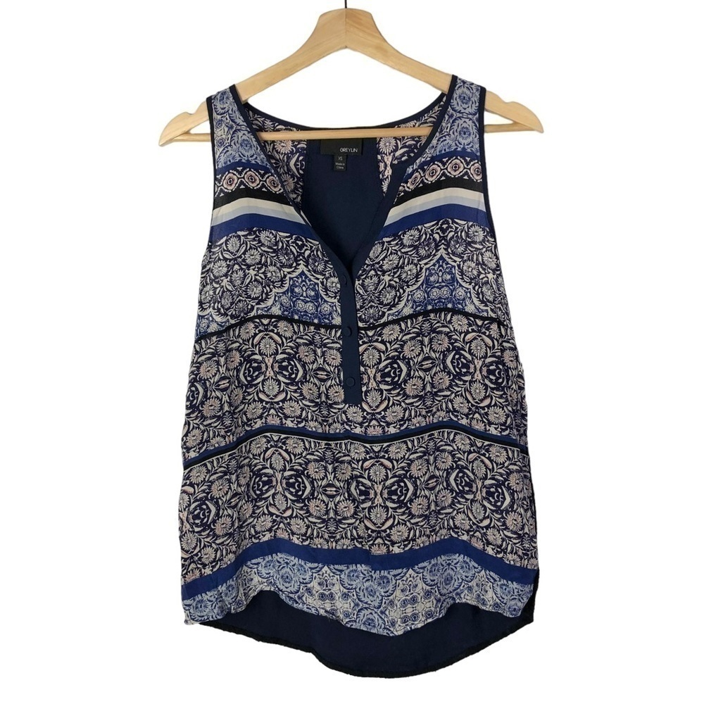 Boutique Greylin Blue Floral Silk Sleeveless Blouse XS